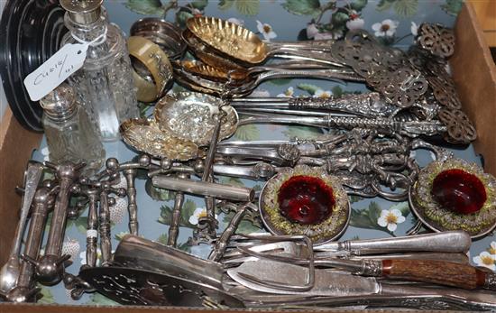 Silver plated berry spoons, knife rests, grape scissors, salts etc